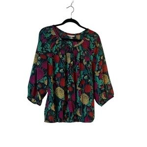 BANANA REPUBLIC Semi-Sheer Smocked Round Neck Popover Long Sleeved Floral Blouse